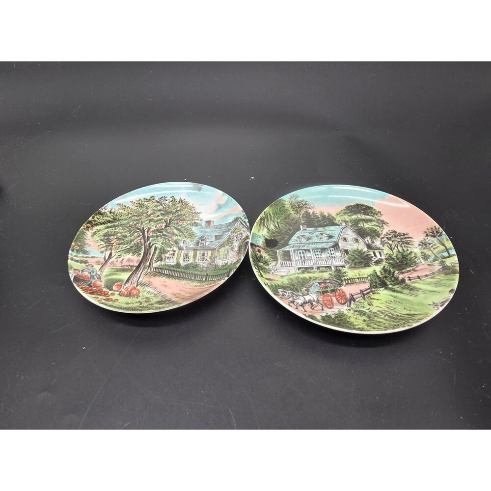 Set Of 2 Currer And Ives Porcelain Wall Plates Summer And Fall
